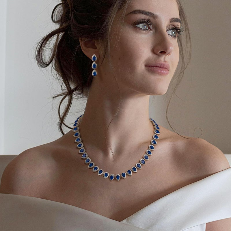 EleQueen Women's Wedding Bridal Full Prong Cubic Zirconia Teardrop Necklace Earrings Set for Brides Bridesmaids Sapphire Color - Image 2